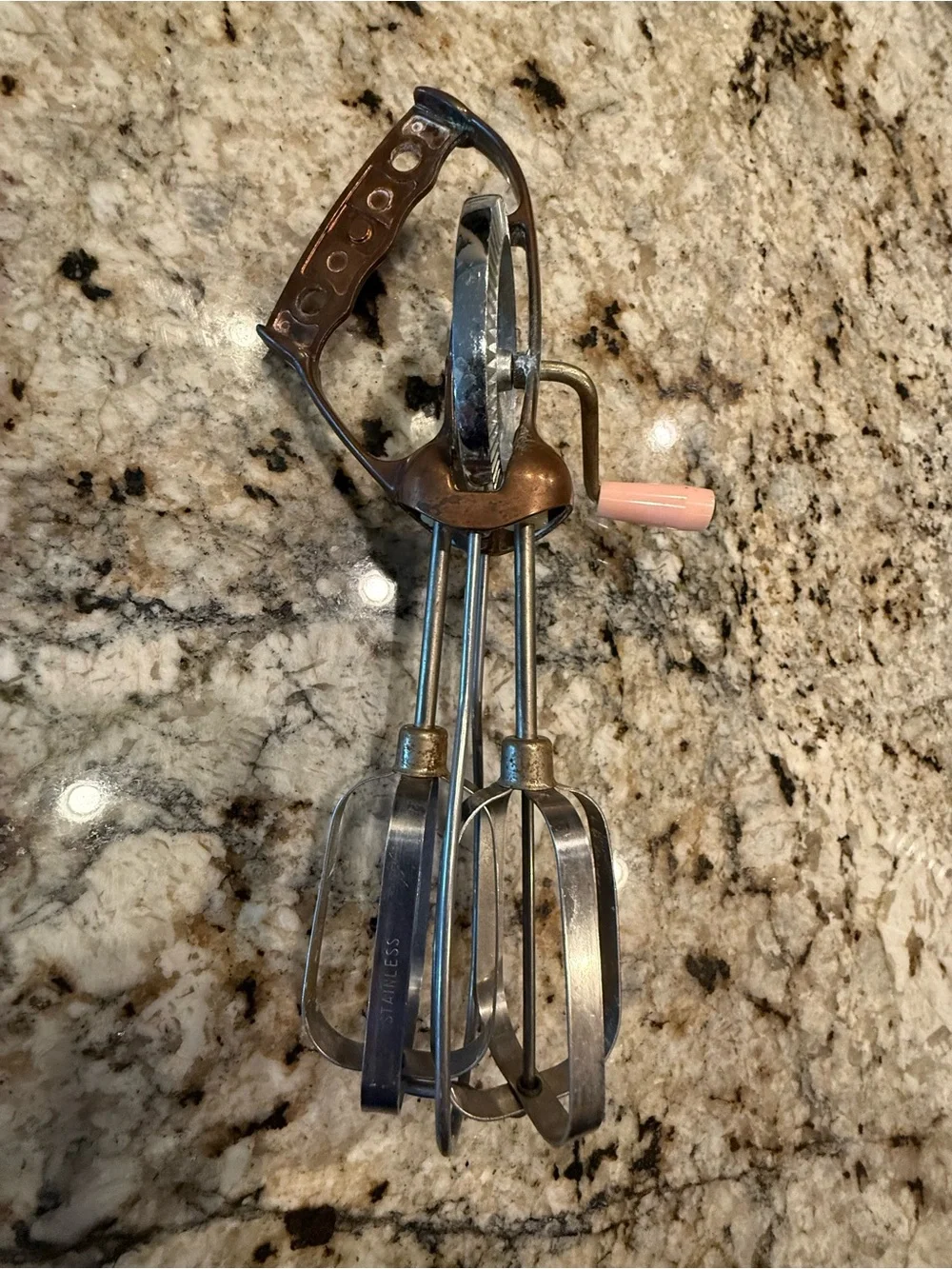 Vintage Handheld Egg Beater - Pink Bronze Accent, Stainless Steel